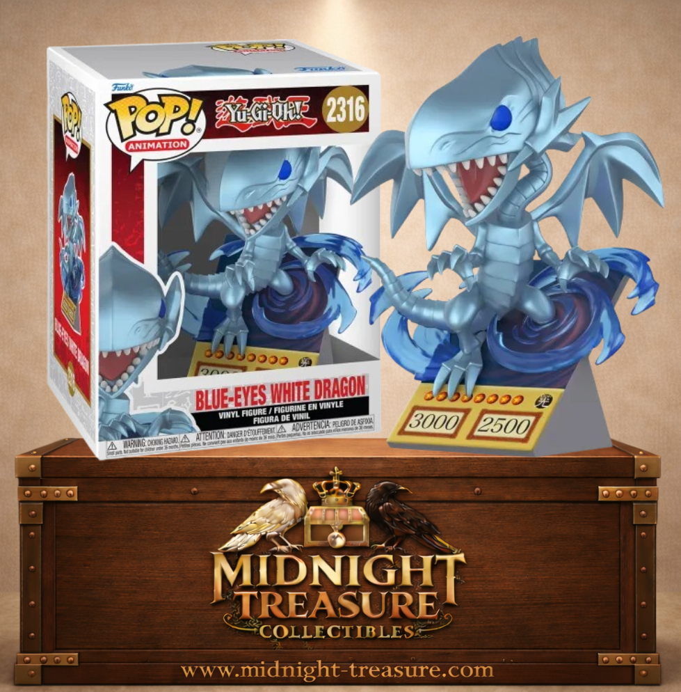 Funko Pop! Deluxe Animation N°2316 – Blue-Eyes White Dragon (Dragon Blanc aux Yeux Bleus) avec vortex d'énergie et statistiques 3000 ATK / 2500 DEF inspiré de Yu-Gi-Oh!.