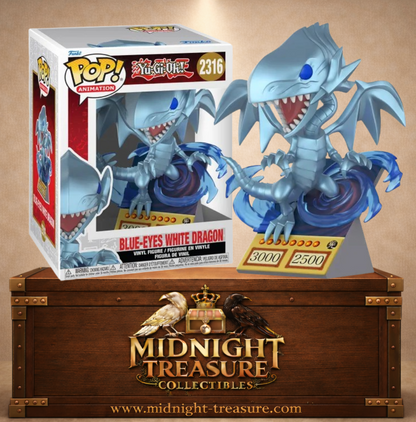 Funko Pop! Deluxe Animation N°2316 – Blue-Eyes White Dragon (Dragon Blanc aux Yeux Bleus) avec vortex d'énergie et statistiques 3000 ATK / 2500 DEF inspiré de Yu-Gi-Oh!.