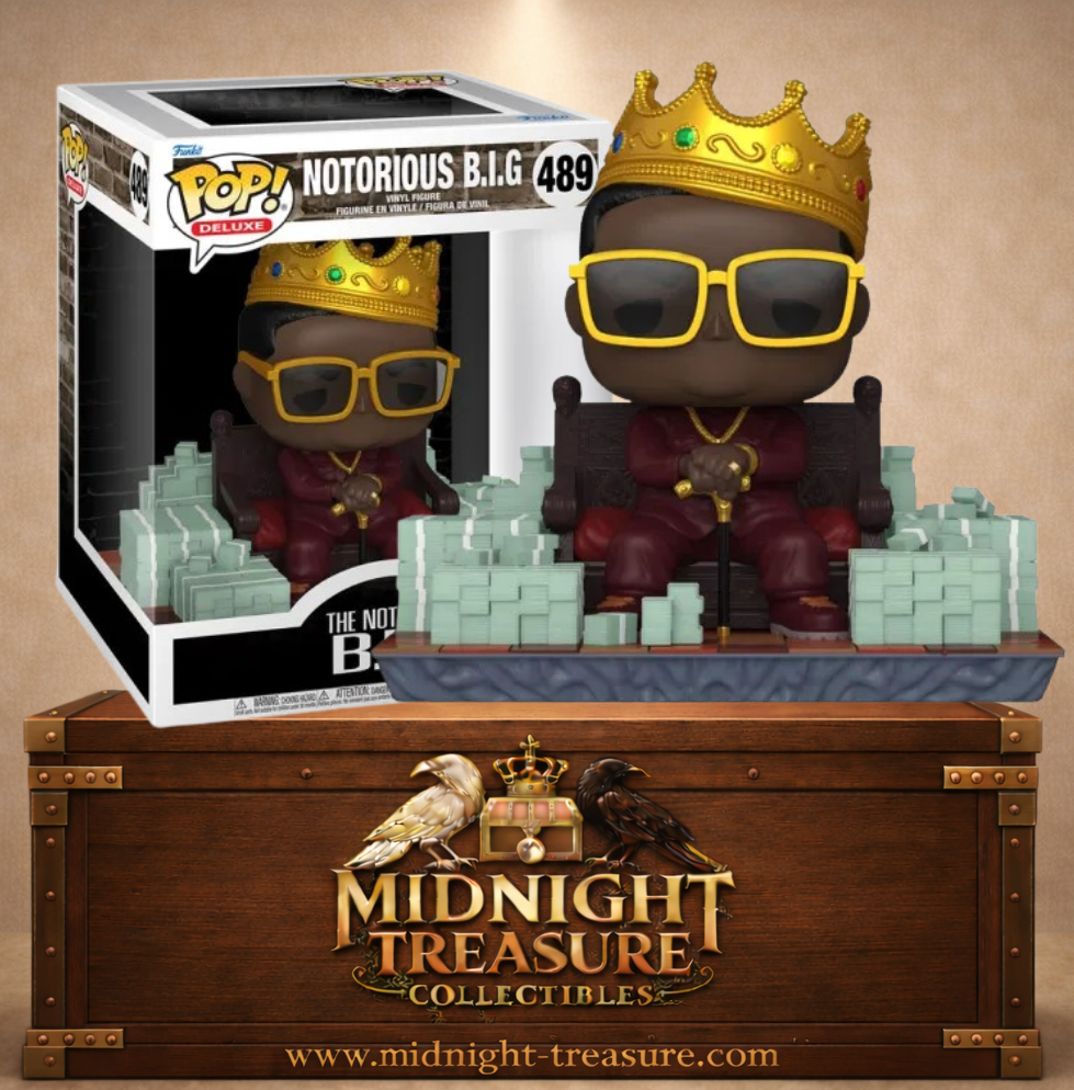 Funko Pop! Deluxe N°489 – The Notorious B.I.G., représentant Biggie Smalls assis sur un trône avec sa couronne emblématique.