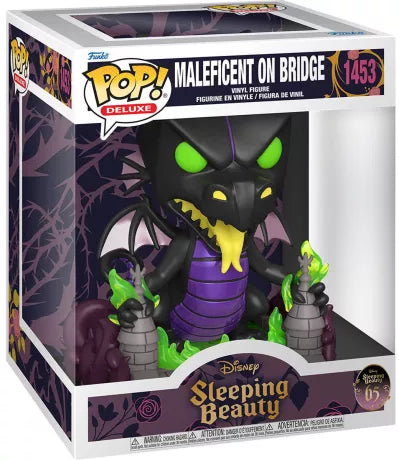 Funko Pop! Deluxe Disney 1453 - Maléfique Dragon sur le Pont. Figurine détaillée représentant Maléfique sous sa forme de dragon entourée de flammes vertes. Une pièce de collection incontournable pour les fans de Disney.