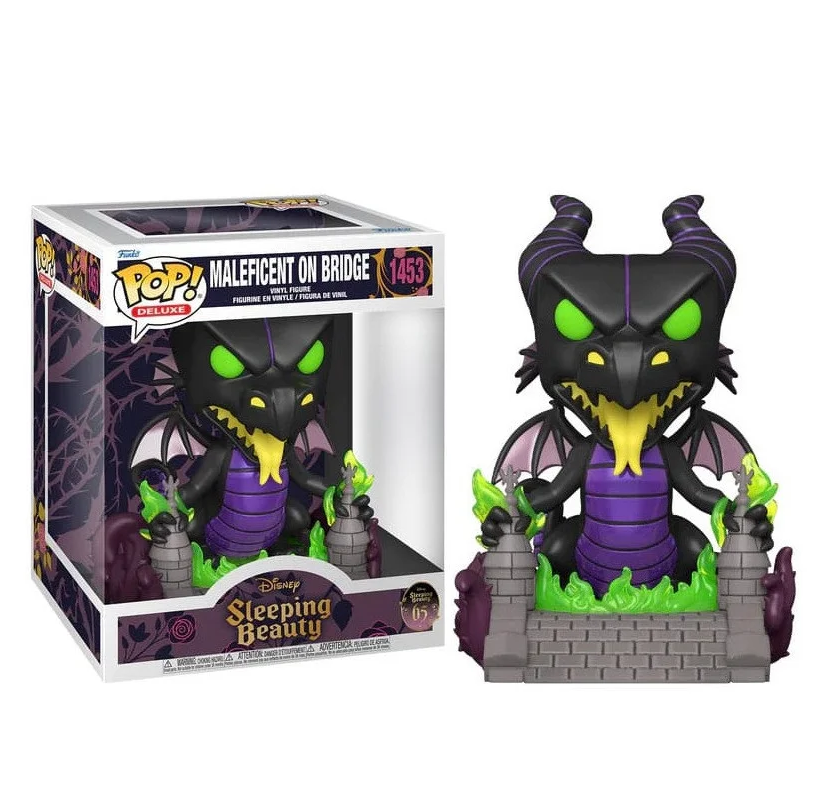 Funko Pop! Deluxe Disney 1453 - Maléfique Dragon sur le Pont. Figurine détaillée représentant Maléfique sous sa forme de dragon entourée de flammes vertes. Une pièce de collection incontournable pour les fans de Disney.