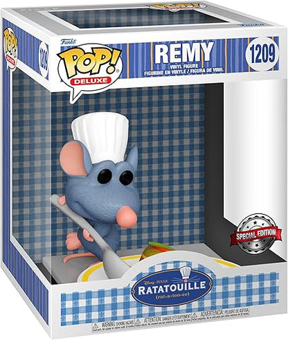 Funko Pop! Deluxe Ratatouille – Rémy (N°1209, Special Edition). Figurine de Rémy en toque de chef avec une assiette de ratatouille. Un must-have pour les fans de Disney Pixar et de gastronomie.