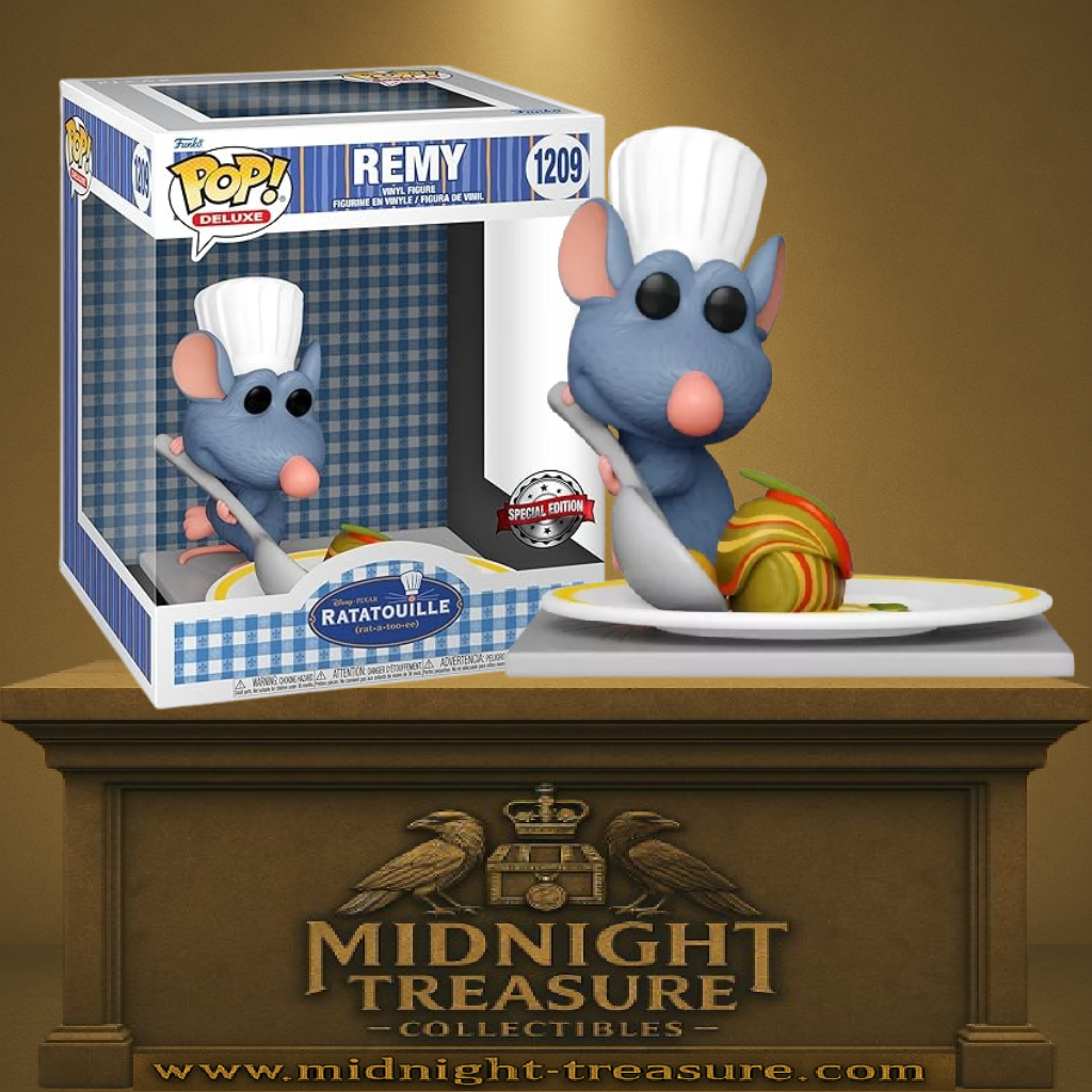 Funko Pop! Deluxe Ratatouille – Rémy (N°1209, Special Edition). Figurine de Rémy en toque de chef avec une assiette de ratatouille. Un must-have pour les fans de Disney Pixar et de gastronomie.