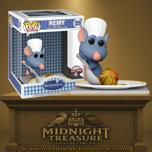 Funko Pop! Deluxe Ratatouille – Rémy (N°1209, Special Edition). Figurine de Rémy en toque de chef avec une assiette de ratatouille. Un must-have pour les fans de Disney Pixar et de gastronomie.