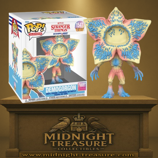 Funko Pop! Stranger Things – Demogorgon Scoops Ahoy (N°1547). Figurine colorée du Demogorgon en version sherbet rose, bleue et jaune. Une édition exclusive inspirée de la boutique Scoops Ahoy d’Hawkins.