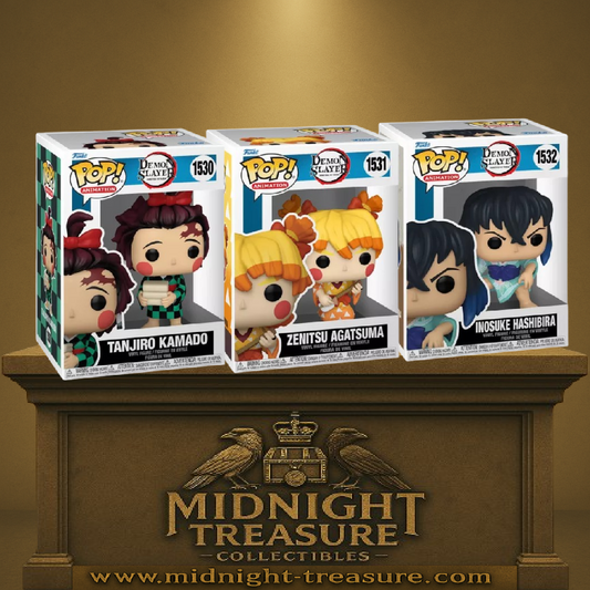 Lot Funko Pop! Demon Slayer – Tanjirô, Zenitsu et Inosuke (Tenue Quartier des Plaisirs) – Figurines issues de l’arc Yoshiwara. Scènes cultes avec costumes traditionnels et accessoires. Idéal pour les fans de Kimetsu no Yaiba