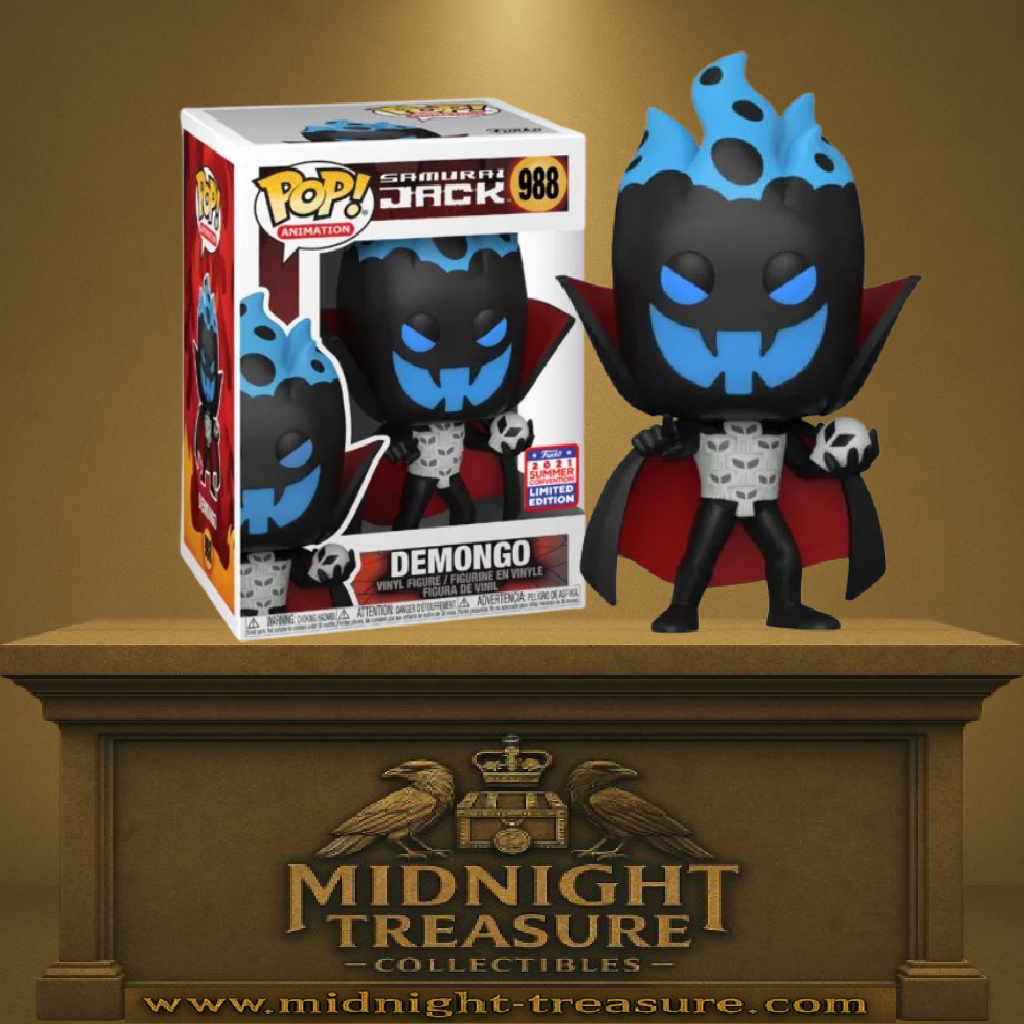 Funko Pop! Samurai Jack – Demongo – N°988. Figurine ténébreuse avec cape rouge, visage bleu spectral et flammes. Une Pop! terrifiante en édition limitée pour les fans de la série animée.

