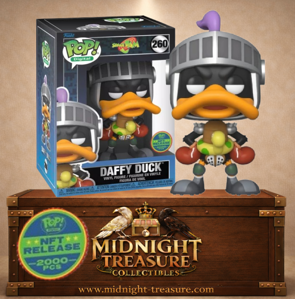Funko Pop! Digital N°260 Daffy Duck de Space Jam, édition Legendary limitée à 2 000 pièces avec casque de chevalier et bouée en forme de canard.