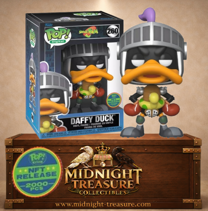 Funko Pop! Digital N°260 Daffy Duck de Space Jam, édition Legendary limitée à 2 000 pièces avec casque de chevalier et bouée en forme de canard.