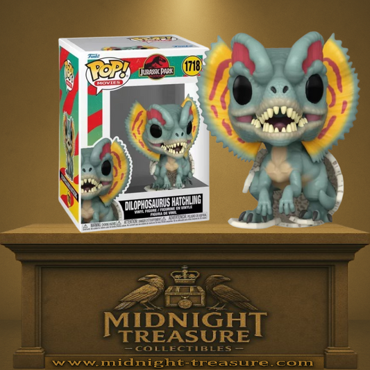 Funko Pop! Jurassic Park – Éclosion du Dilophosaure – N°1718. Bébé Dilophosaure avec collerette colorée et détails réalistes. Une figurine adorable pour les fans de la saga.