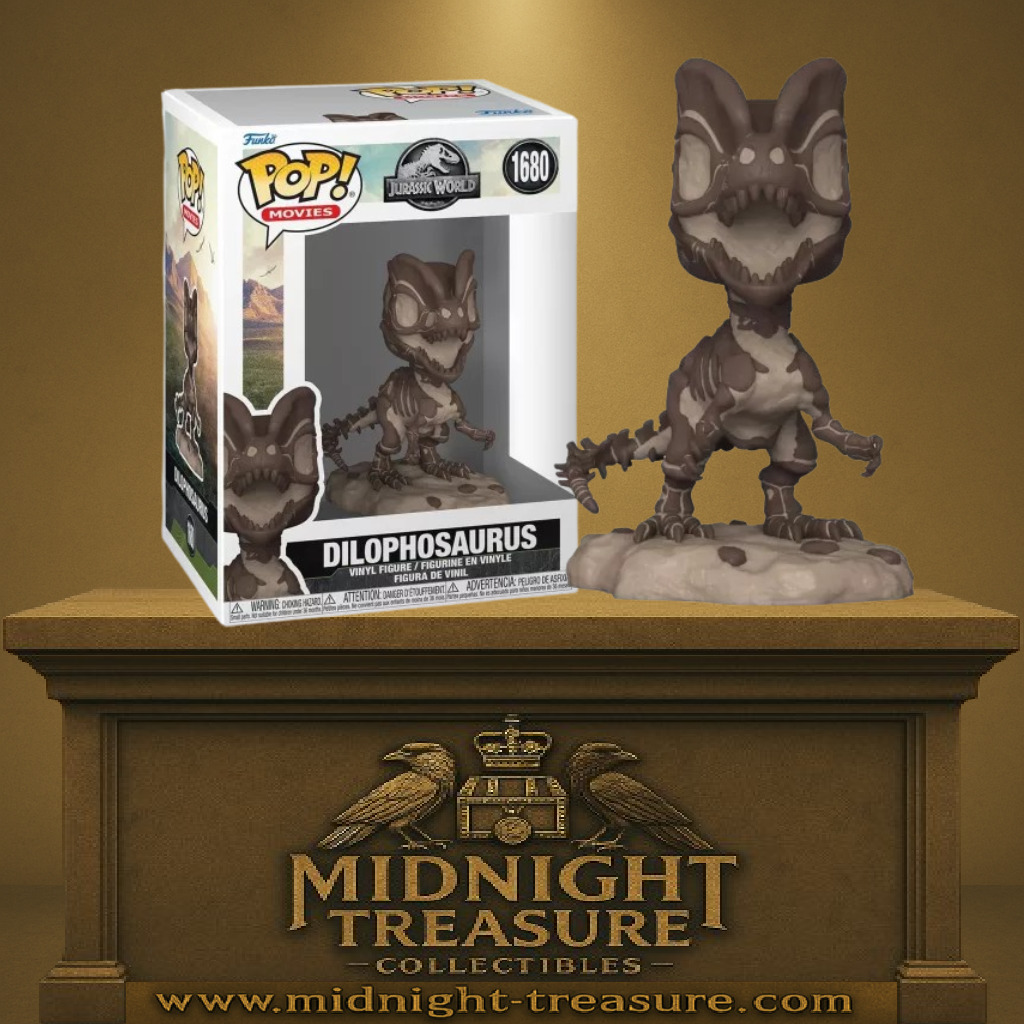 Funko Pop! Jurassic World – Dilophosaurus Fossile (N°1680). Dinosaure fossilisé avec détails osseux et posture menaçante sur socle rocheux. Une pièce unique pour les fans de Jurassic Park.
