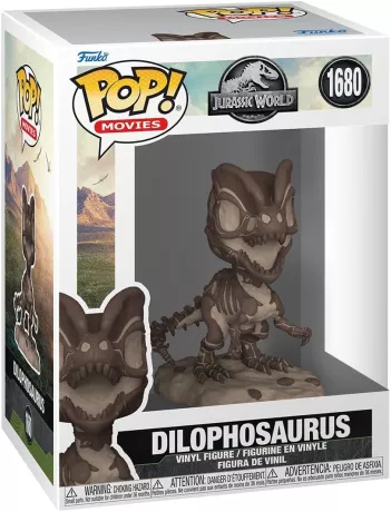 Funko Pop! Jurassic World – Dilophosaurus Fossile (N°1680). Dinosaure fossilisé avec détails osseux et posture menaçante sur socle rocheux. Une pièce unique pour les fans de Jurassic Park.