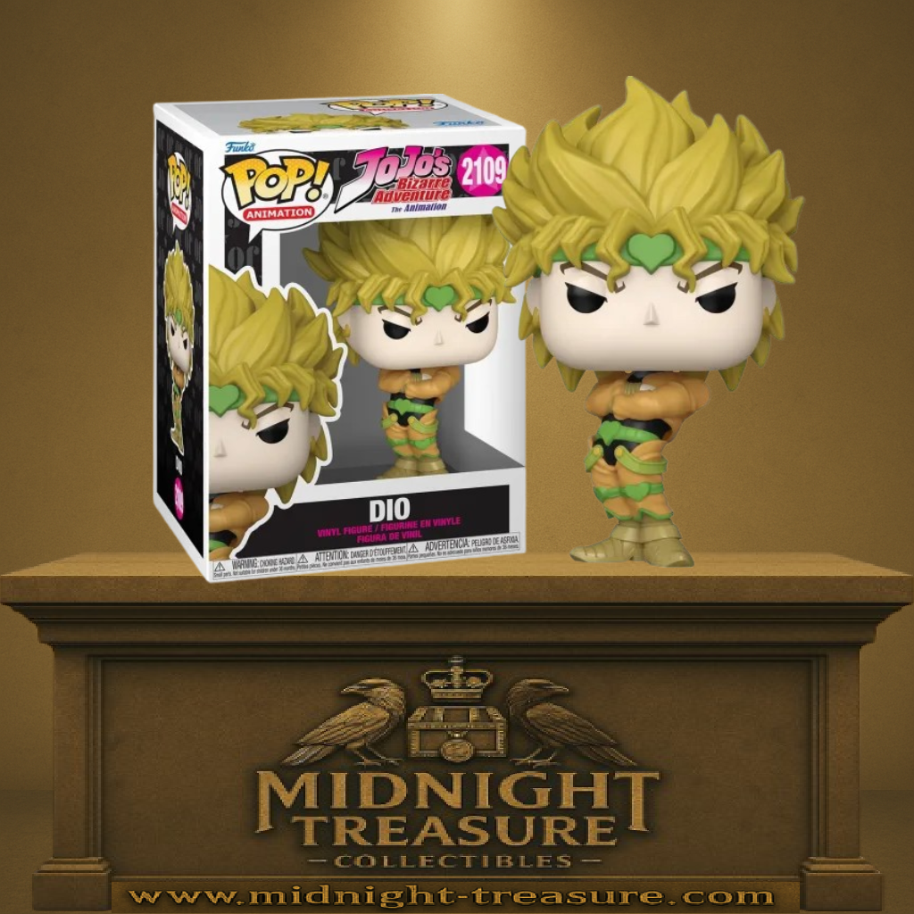Funko Pop! JoJo’s Bizarre Adventure – Dio (N°2109). Figurine avec pose bras croisés et tenue jaune et verte.
