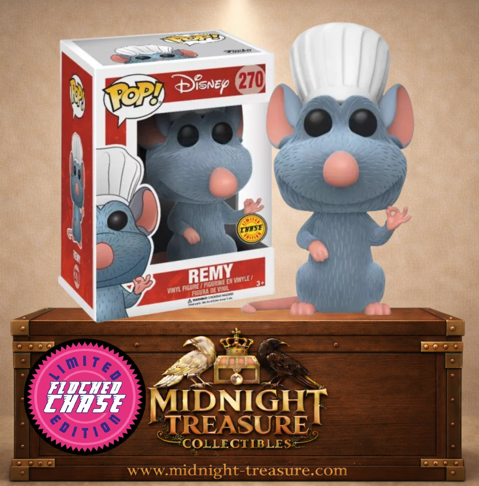 Funko Pop! Disney N°270 – Remy Chase Flocked de Ratatouille avec pelage floqué, toque blanche de cuisinier et geste du chef.