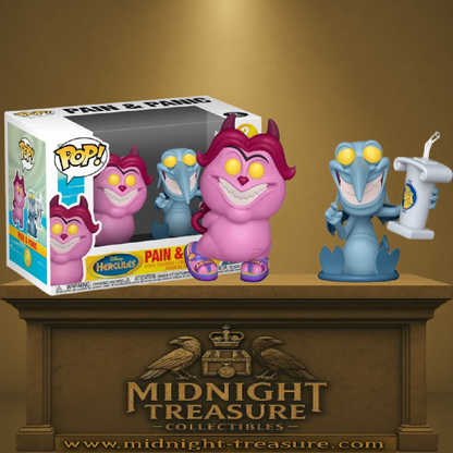 Funko Pop! Disney – Pain & Panic (Peine & Panique). Duo démoniaque d’Hadès dans Hercules, figurines rose et bleue aux expressions caricaturales avec accessoires emblématiques.