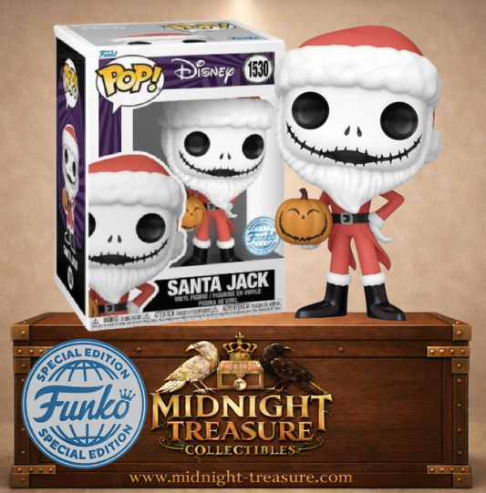 "Funko Pop! Disney – Santa Jack (1530). Figurine représentant Jack Skellington en tenue de Père Noël avec une citrouille-lanterne à la main. Un must-have pour les fans de L’Étrange Noël de Monsieur Jack et les collectionneurs de Funko Pop! Disney !"
