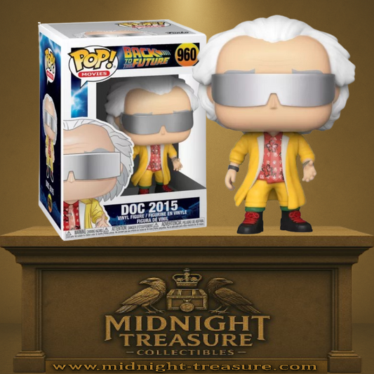 Funko Pop! Retour vers le Futur â Doc 2015 (N°960). Figurine reprĂ©sentant Doc Brown avec son manteau jaune, sa chemise Ă motifs et ses lunettes futuristes. Une piĂšce culte pour les fans de la trilogie.