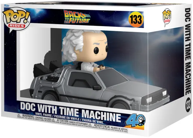 Funko Pop! Back to the Future – Doc avec la Machine à Remonter le Temps (N°133). Doc Brown au volant de la DeLorean argentée détaillée. Figurine idéale pour les fans de Retour vers le Futur.


