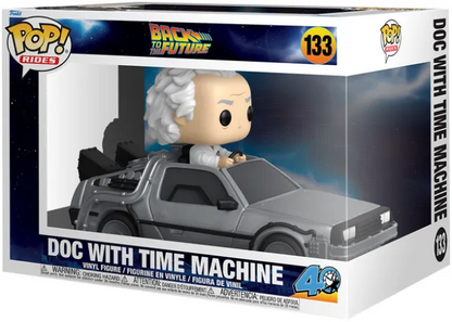 Funko Pop! Back to the Future – Doc avec la Machine à Remonter le Temps (N°133). Doc Brown au volant de la DeLorean argentée détaillée. Figurine idéale pour les fans de Retour vers le Futur.

