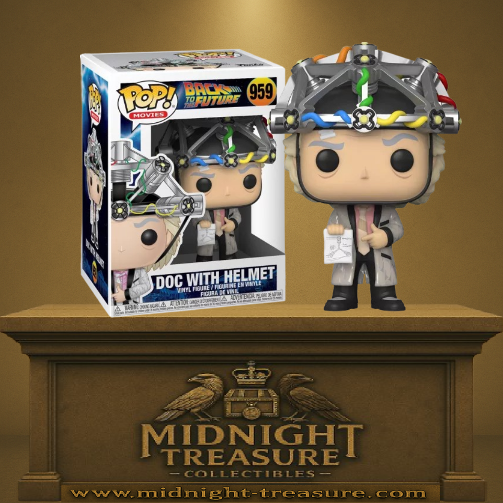 Funko Pop! Retour vers le Futur – Doc avec casque (N°959). Doc Brown avec son casque d’analyse cérébrale et son plan technique. Une figurine culte pour les fans de science et de voyages temporels.