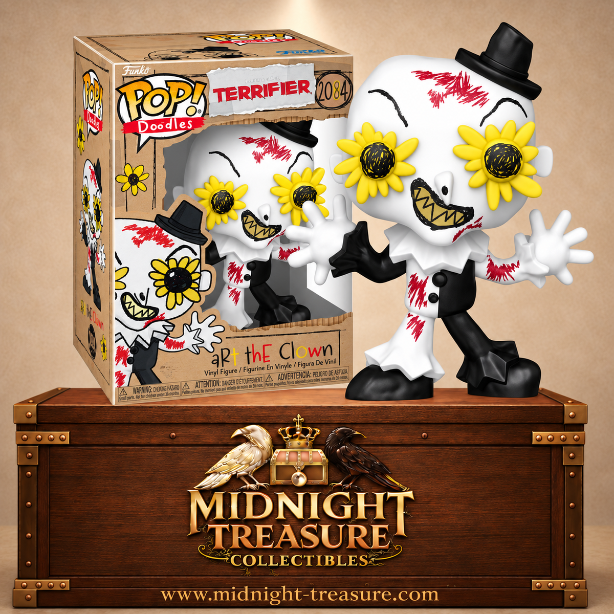 Funko Pop! Doodles N°2084 Art le Clown de Terrifier avec costume noir et blanc, lunettes tournesols jaunes et détails rouges façon dessin.