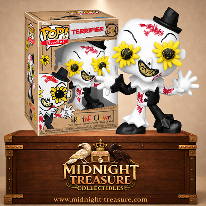 Funko Pop! Doodles N°2084 Art le Clown de Terrifier avec costume noir et blanc, lunettes tournesols jaunes et détails rouges façon dessin.