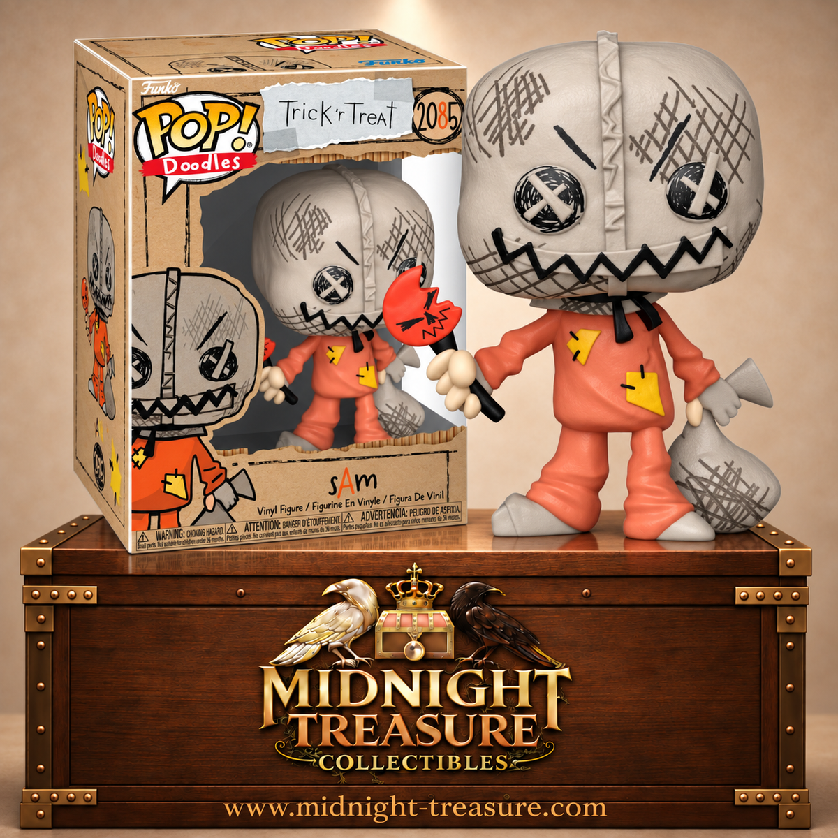 Funko Pop! Doodles Movies N°2085 Sam de Trick ’r Treat avec masque en toile griffonné, pyjama orange, sucette rouge cassée et sac de friandises.