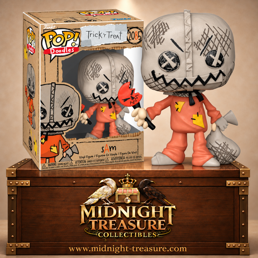 Funko Pop! Doodles Movies N°2085 Sam de Trick ’r Treat avec masque en toile griffonné, pyjama orange, sucette rouge cassée et sac de friandises.