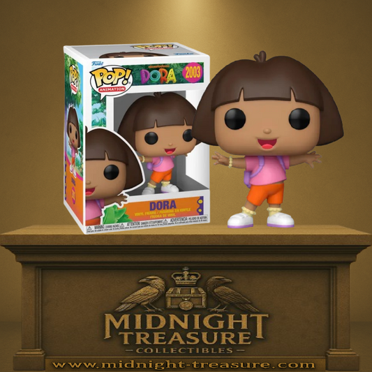 Funko Pop! Dora the Explorer – Dora (N°2003). Dora avec tenue rose et orange, sac à dos violet, les bras ouverts prête à explorer. Figurine colorée et joyeuse, parfaite pour les fans de Dora l’Exploratrice.

