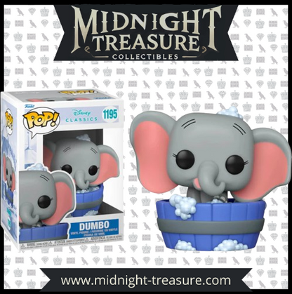 "Funko Pop! Disney Classics – Dumbo (1195). Adorable Dumbo prenant un bain moussant dans son petit seau bleu, avec ses grandes oreilles roses et son expression joyeuse. Une pièce incontournable pour les fans de Disney et des classiques d’animation !"
