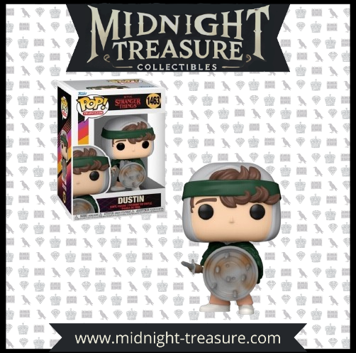 Figurine Funko Pop! Dustin (1463) de Stranger Things, représentant Dustin avec son bandeau vert, son casque de protection et son bouclier improvisé, en édition spéciale