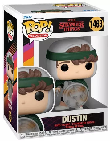 Figurine Funko Pop! Dustin (1463) de Stranger Things, représentant Dustin avec son bandeau vert, son casque de protection et son bouclier improvisé, en édition spéciale