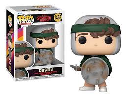 Figurine Funko Pop! Dustin (1463) de Stranger Things, représentant Dustin avec son bandeau vert, son casque de protection et son bouclier improvisé, en édition spéciale