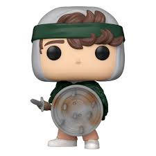 Figurine Funko Pop! Dustin (1463) de Stranger Things, représentant Dustin avec son bandeau vert, son casque de protection et son bouclier improvisé, en édition spéciale