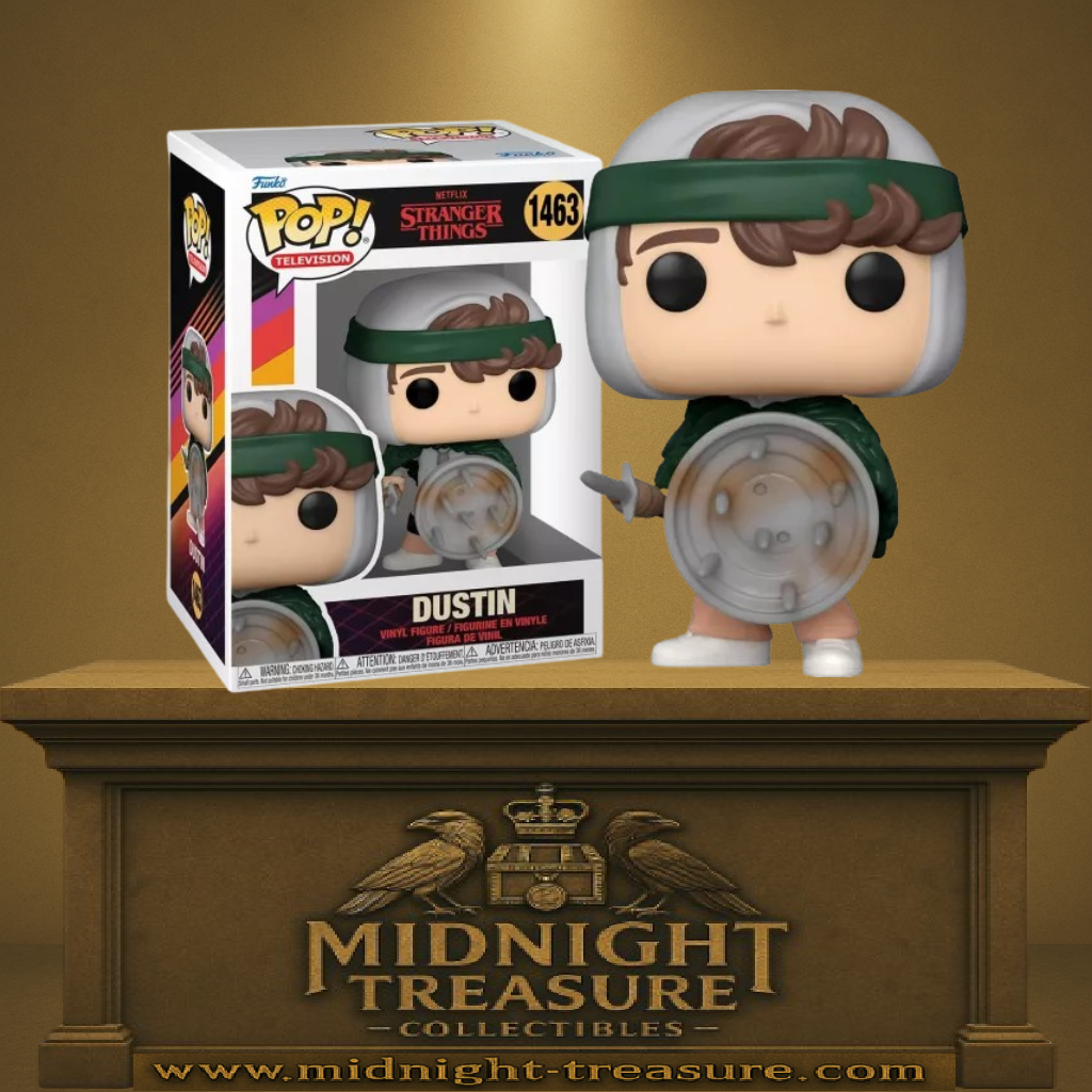 Funko Pop! Stranger Things – Dustin (N°1463). Dustin en tenue de guerrier improvisée avec casque, bouclier et poignard. Une figurine fun et emblématique pour les fans de la série Netflix