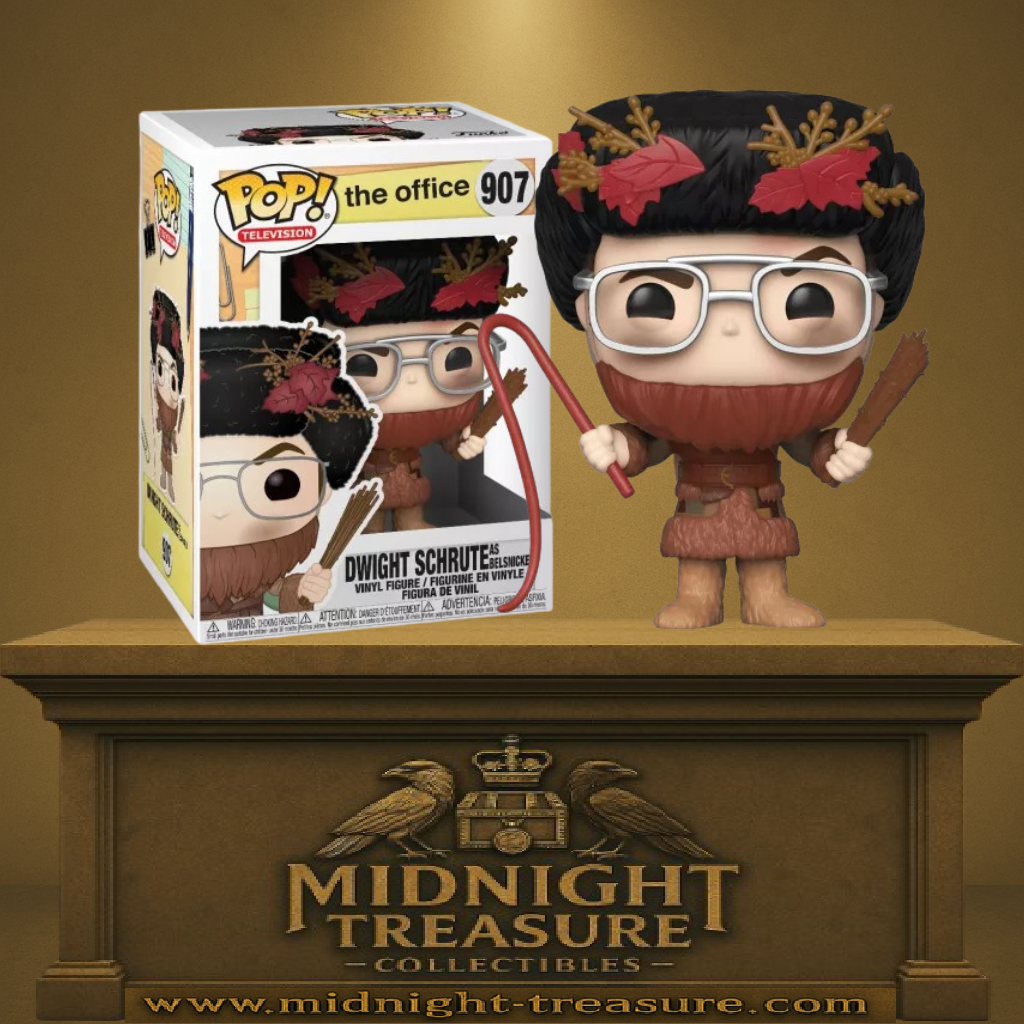 Funko Pop! The Office – Dwight Schrute as Belsnickel (N°907). Figurine détaillée de Dwight en costume folklorique de Belsnickel avec fouet et bâton.
