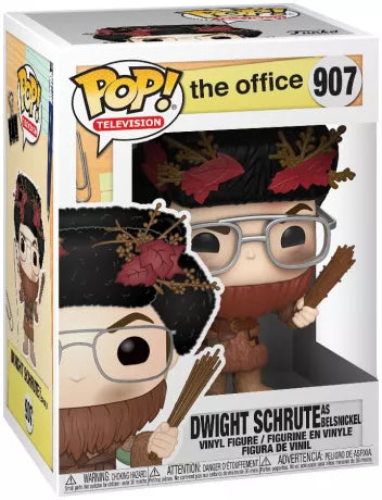 Funko Pop! The Office – Dwight Schrute as Belsnickel (N°907). Figurine détaillée de Dwight en costume folklorique de Belsnickel avec fouet et bâton.