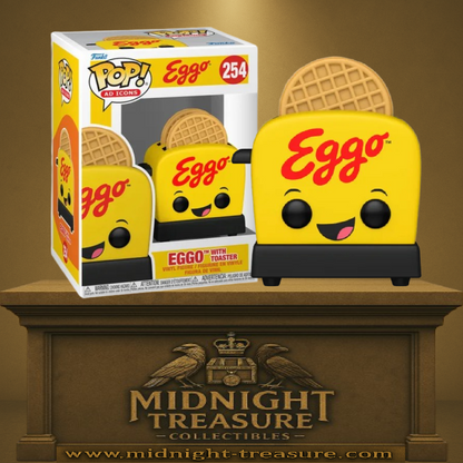 Funko Pop! Kellogg’s – Eggo with Toaster (Gaufre Eggo avec Grille-Pain) (N°254). Figurine représentant un grille-pain jaune souriant avec une gaufre Eggo dorée. Une Pop! délicieusement rétro et gourmande pour les fans de Kellogg’s et des icônes publicitaires.