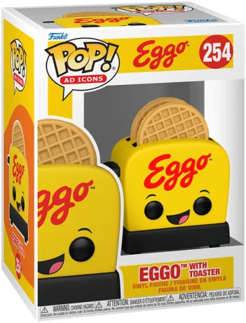 Funko Pop! Kellogg’s – Eggo with Toaster (Gaufre Eggo avec Grille-Pain) (N°254). Figurine représentant un grille-pain jaune souriant avec une gaufre Eggo dorée. Une Pop! délicieusement rétro et gourmande pour les fans de Kellogg’s et des icônes publicitaires.