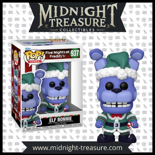 Funko Pop! Five Nights at Freddy’s 937 - Elf Bonnie. Version festive du célèbre animatronique, vêtu d’un costume de lutin de Noël. Une édition unique pour les fans de FNAF et les collectionneurs