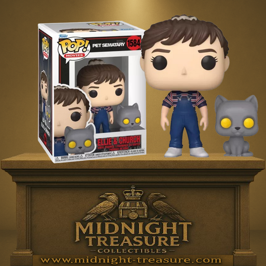 Funko Pop! Simetierre – Ellie & Church (N°1584). Ellie en salopette avec le chat Church aux yeux jaunes. Une figurine effrayante idéale pour les fans de Stephen King.