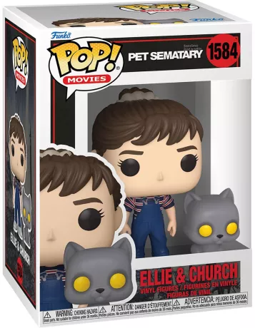 Funko Pop! Simetierre – Ellie & Church (N°1584). Ellie en salopette avec le chat Church aux yeux jaunes. Une figurine effrayante idéale pour les fans de Stephen King.