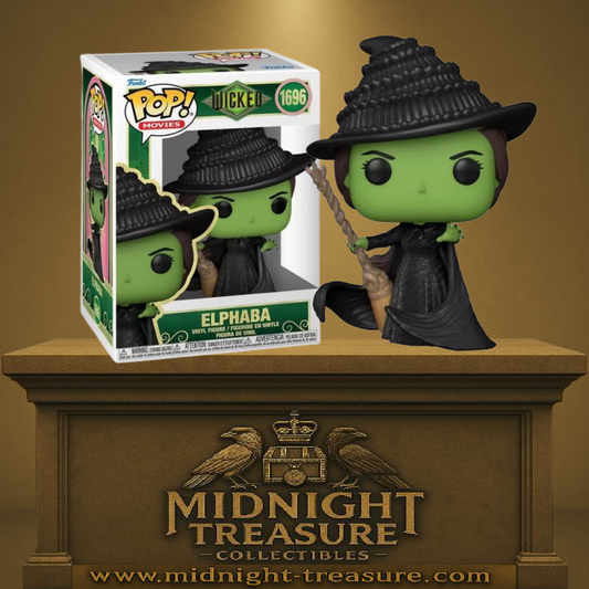 Funko Pop! Wicked – Elphaba (N°1696). Elphaba en tenue noire avec son balai magique et son chapeau pointu. Une figurine ensorcelante pour les fans de Wicked et de fantasy.