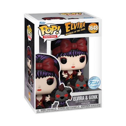 Funko Pop! Elvira, Mistress of the Dark – Elvira & Gonk – N°1648. Elvira en tenue bordeaux et noire avec nœud rouge, accompagnée de Gonk, son chien zombie. Une figurine gothique incontournable pour les fans d’horreur et de culture pop.