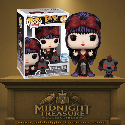 Funko Pop! Elvira, Mistress of the Dark – Elvira & Gonk – N°1648. Elvira en tenue bordeaux et noire avec nœud rouge, accompagnée de Gonk, son chien zombie. Une figurine gothique incontournable pour les fans d’horreur et de culture pop.
