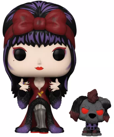 Funko Pop! Elvira, Mistress of the Dark – Elvira & Gonk – N°1648. Elvira en tenue bordeaux et noire avec nœud rouge, accompagnée de Gonk, son chien zombie. Une figurine gothique incontournable pour les fans d’horreur et de culture pop.