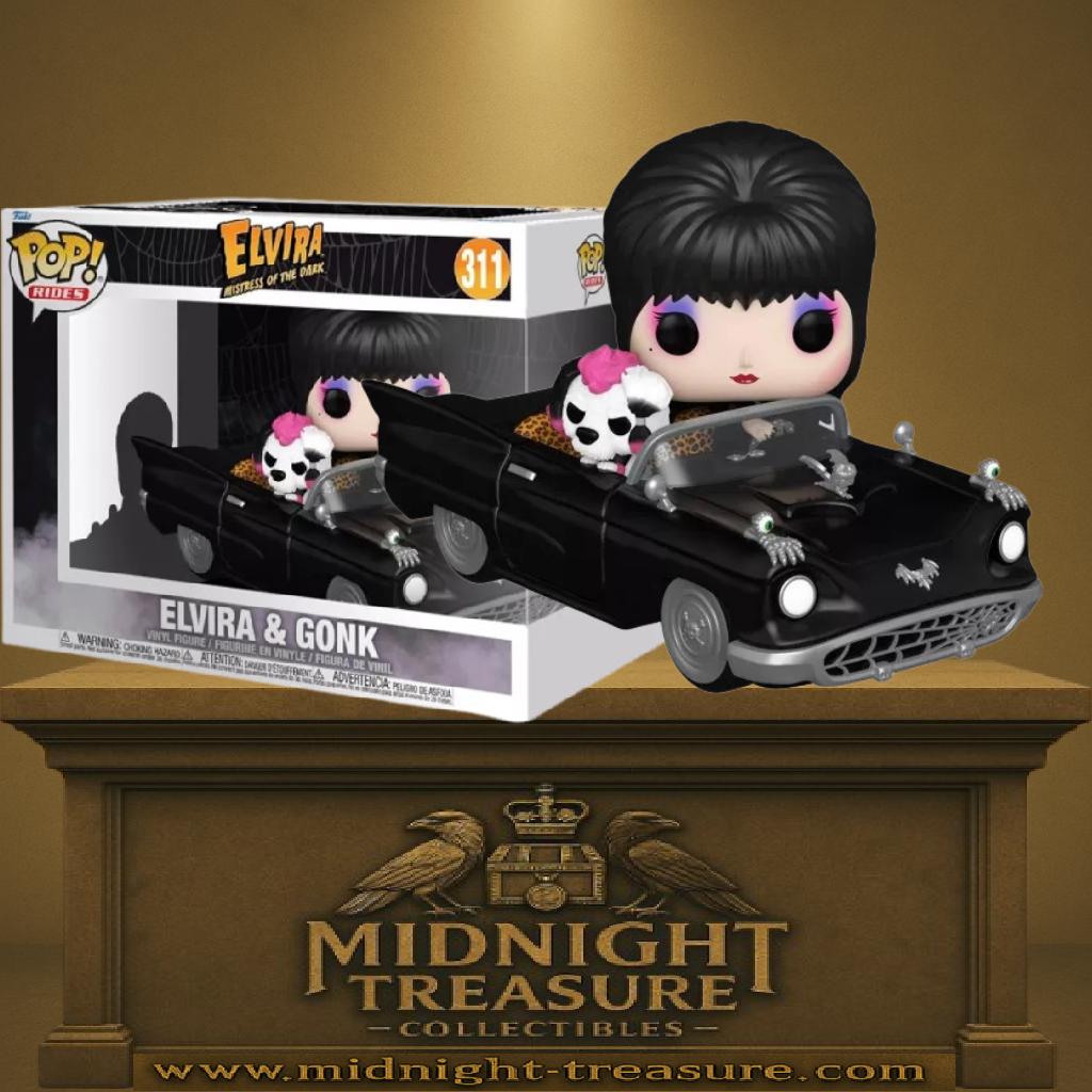 Funko Pop! Mistress of the Dark – Elvira & Gonk (N°311). Elvira dans sa voiture noire décorée, accompagnée de son chien à crête rose. Une figurine détaillée et gothique pour les fans d’Elvira.

