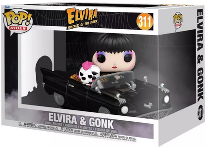 Funko Pop! Mistress of the Dark – Elvira & Gonk (N°311). Elvira dans sa voiture noire décorée, accompagnée de son chien à crête rose. Une figurine détaillée et gothique pour les fans d’Elvira.

