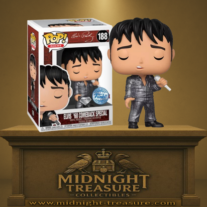 Funko Pop! Elvis Presley – ’68 Comeback Special (N°188) – Diamond Collection. Elvis dans sa tenue brillante avec micro, yeux fermés. Une figurine légendaire pour les fans du King et de rock’n’roll.


