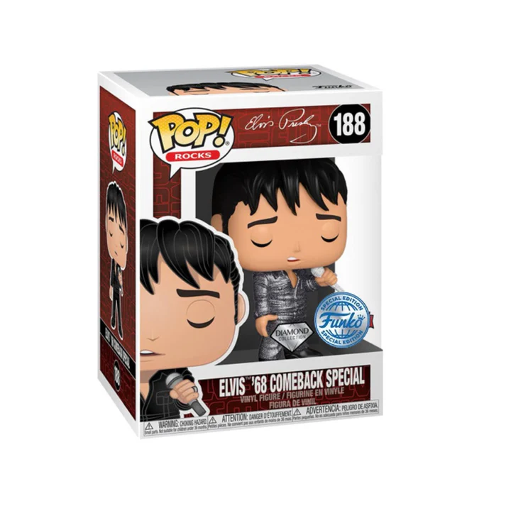 Funko Pop! Elvis Presley – ’68 Comeback Special (N°188) – Diamond Collection. Elvis dans sa tenue brillante avec micro, yeux fermés. Une figurine légendaire pour les fans du King et de rock’n’roll.

